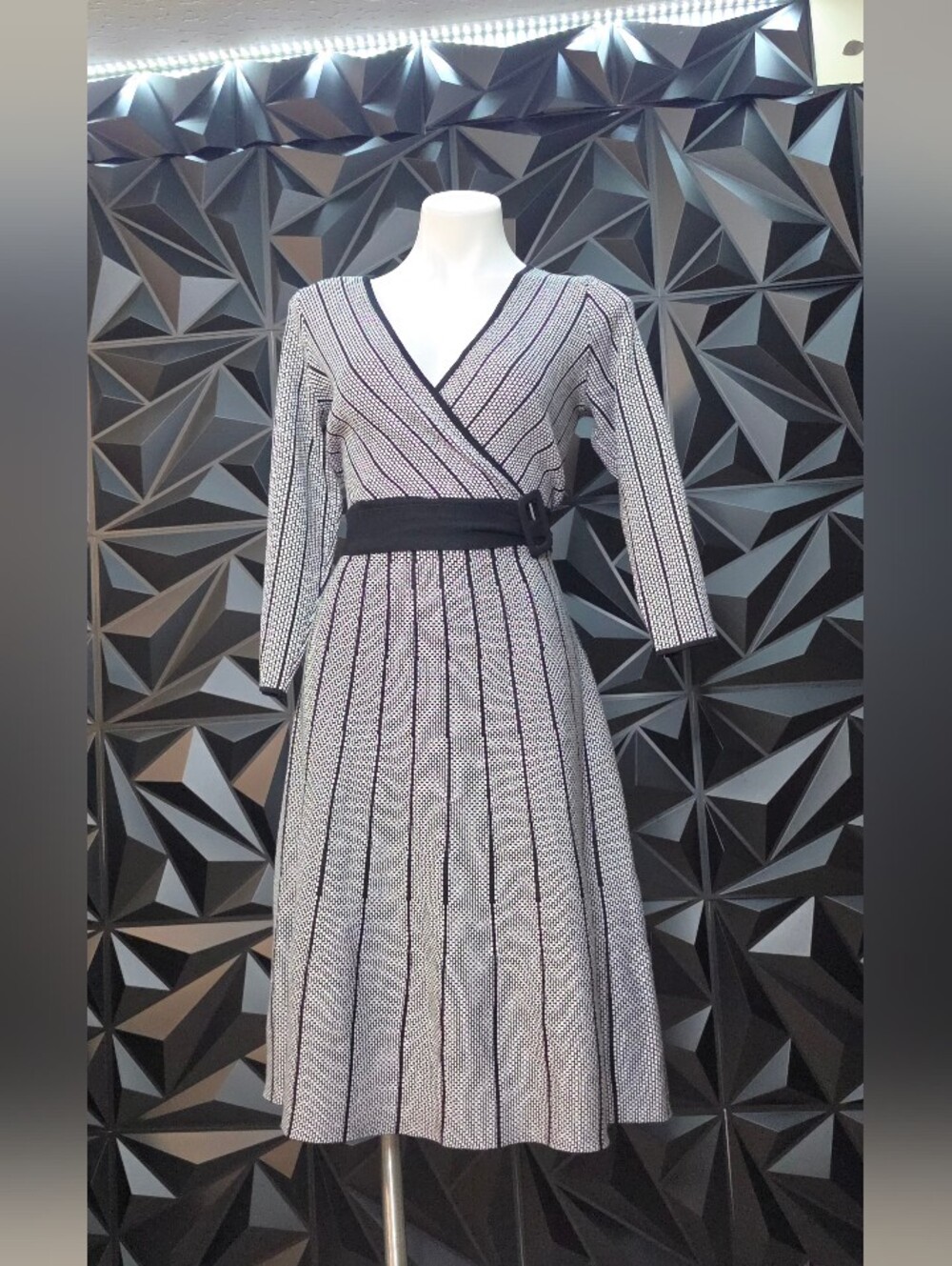 Nicole Miller Black and White Striped Wrap Dress with Waist Tie